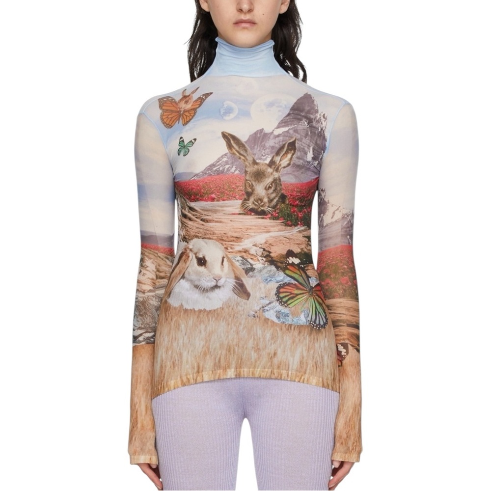 Acne Studios Denise Blue Rabbit Landscape Print Long Sleeve Turtleneck Mesh Top